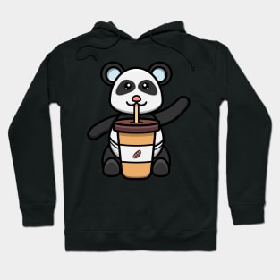 Sticker and Label Of Cute Baby Panda With Coffee. Hoodie